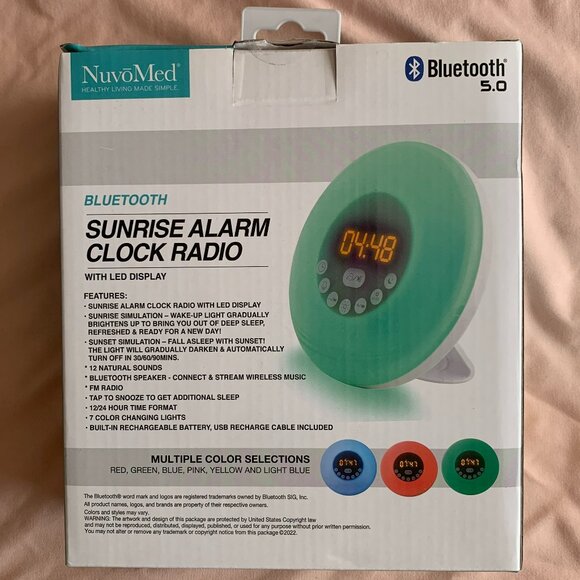 New! NuvoMed Sunrise Alarm Clock Radio Bluetooth Led Display Multiple Color - Picture 3 of 6